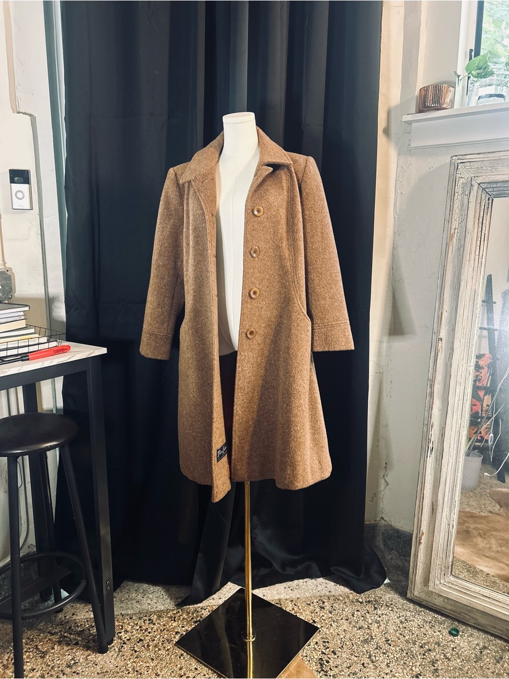 Wool-Blend Brown Pea Coat with Tailored Collar
